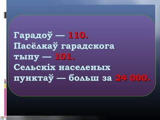 Гарадоў — 110.110.
Пасёлкаў гарадскога
тыпу — 101.101.
Сельскіх населеных
пунктаў — больш за 24 000.24 000.
 