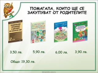 ПОМАГАЛА, КОИТО ЩЕ СЕ
ЗАКУПУВАТ ОТ РОДИТЕЛИТЕ
3,50 лв. 5,90 лв. 6,00 лв. 3,90 лв.
Общо: 19,30 лв.
 
