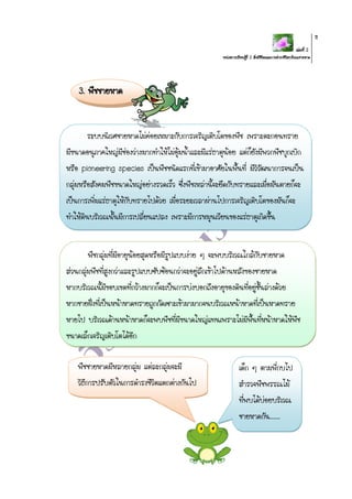 เล่มที่ 2
หน่วยการเรียนรู้ที่ 2 สิ่งมีชีวิตและการดารงชีวิตบริเวณชายหาด
11
3. พืชชายหาด
ระบบนิเวศชายหาดไม่ค่อยเหมาะกับการเจริญเติบโตของพืช เพราะตะกอนทราย
มีขนาดอนุภาคใหญ่มีช่องว่างมากทาให้ไม่อุ้มน้าและมีแร่ธาตุน้อย แต่ก็ยังมีพวกพืชบุกเบิก
หรือ pioneering species เป็นพืชชนิดแรกที่เข้ามาอาศัยในพื้นที่ มีวิวัฒนาการจนเป็น
กลุ่มหรือสังคมพืชขนาดใหญ่อย่างรวดเร็ว ซึ่งพืชเหล่านี้จะยึดกับทรายและเมื่อมันตายก็จะ
เป็นการเพิ่มแร่ธาตุให้กับทรายไปด้วย เมื่อระยะเวลาผ่านไปการเจริญเติบโตของมันก็จะ
ทาให้ดินบริเวณนั้นมีการเปลี่ยนแปลง เพราะมีการหมุนเวียนของแร่ธาตุเกิดขึ้น
พืชกลุ่มที่มีอายุน้อยสุดหรือมีรูปแบบง่าย ๆ จะพบบริเวณใกล้กับชายหาด
ส่วนกลุ่มพืชที่สูงกว่าและรูปแบบซับซ้อนกว่าจะอยู่ลึกเข้าไปด้านหลังของชายหาด
หากบริเวณนี้มีขอบเขตที่กว้างมากก็จะเป็นการบ่งบอกถึงอายุของดินที่อยู่ชั้นล่างด้วย
หากชายฝั่งที่เป็นหน้าหาดทรายถูกกัดเซาะเข้ามามากจนบริเวณหน้าหาดที่เป็นหาดทราย
หายไป บริเวณด้านหน้าหาดก็จะพบพืชที่มีขนาดใหญ่แทนเพราะไม่มีพื้นที่หน้าหาดให้พืช
ขนาดเล็กเจริญเติบโตได้อีก
พืชชายหาดมีหลายกลุ่ม แต่ละกลุ่มจะมี
วิธีการปรับตัวในการดารงชีวิตแตกต่างกันไป
เด็ก ๆ ตามพี่กบไป
สารวจพืชพรรณไม้
ที่พบได้บ่อยบริเวณ
ชายหาดกัน.......
 