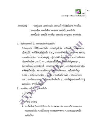 เล่มที่ 2
หน่วยการเรียนรู้ที่ 2 สิ่งมีชีวิตและการดารงชีวิตบริเวณชายหาด
114
หอยฝาเดียว – หอยจุ๊บแจง หอยหมวกเจ๊ก หอยนมจิ๋ว หอยสังข์หนาม หอยขี้ตา
หอยวงเดือน หอยถั่วเขียว หอยมะระ หอยไส้ไก่ หอยทับทิม
หอยน้าพริก หอยเบี้ย หอยขี้นก หอยตาวัว ทากลายจุด ทากปุ่มหิน
7. เฉลยกิจกรรมที่ 2.7 ธรรมชาติของพวกขามีข้อ
Arthropoda , ที่มีลักษณะเป็นข้อ , การเจริญเติบโต , ครัสเตเชีย , กระดองแบน
กว้างรูปไข่ , ขาที่ใช้เดินหรือว่ายน้า 4 คู่ , กระดองแข็งหุ้มตัว , ลอกคราบ, อ่อนแอ,
แบนเหมือนไม้พาย , ว่ายน้าและขุดรู , สูงจากระดับน้าทะเลมาก , แบนข้างหรือกลม
กรีแบบฟันเลื่อย , ขา 10 ขา , แผ่นรยางค์ใต้ท้อง , ผู้ล่าตัวสาคัญของปลา ,
มีความเร็วมากในการเคลื่อนที่ , ทรงกรวยคว่าหรือนูนต่า , เกาะติดถาวรบนก้อนหิน,
อาศัยอยู่เป็นกลุ่ม , หดรยางค์ปิดฝารู , รูปร่างคล้ายแมลง , จะม้วนตัวเมื่อถูก
รบกวน , ลาตัวยาวเป็นปล้อง , หาดหิน , ซากสัตว์ที่ตายแล้ว , กระดองแข็งทรง
กลม , แมงป่องและแมงมุม , สับอาหารเป็นชิ้นเล็ก ๆ , ปากที่อยู่ระหว่างขาทั้ง 5 คู่
แมงดาถ้วย , มีขนขึ้นตามตัว
8. เฉลยกิจกรรมที่ 2.8 ทบทวนกันลืม
1. เท้าแบบท่อ
2. ปลา นก
3. ขายาว ปากยาว
4. นกที่อาศัยหากินและทารังวางไข่ในประเทศไทย เช่น นกยางเปีย นกยางทะเล
นกกระแตแต้แว้ด นกหัวโตมลายู นกกระแตผีชายหาด นกนางนวลแกลบเล็ก
นกกินเปี้ยว
 