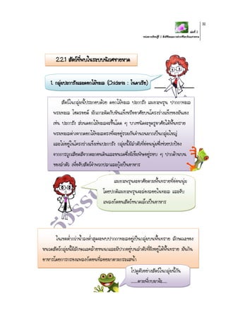 เล่มที่ 2
หน่วยการเรียนรู้ที่ 2 สิ่งมีชีวิตและการดารงชีวิตบริเวณชายหาด
32
2.2.1 สัตว์ที่พบในระบบนิเวศชายหาด
1. กลุ่มปะการังและดอกไม้ทะเล (Cnidaria : ไนดาเรีย)
ในเขตต่ากว่าน้าลงต่าสุดจะพบปากกาทะเลอยู่เป็นกลุ่มบนพื้นทราย ลักษณะของ
หนวดสัตว์กลุ่มนี้มีลักษณะคล้ายขนนกและมีปากอยู่บนลาตัวที่ฝังอยู่ใต้พื้นทราย มันกิน
อาหารโดยการกรองแพลงก์ตอนที่ลอยมาตามกระแสน้า
สัตว์ในกลุ่มนี้ประกอบด้วย ดอกไม้ทะเล ปะการัง แมงกะพรุน ปากกาทะเล
พรมทะเล ไฮดรอยด์ มักเกาะติดกับหินแข็งหรืออาศัยบนโครงร่างแข็งของมันเอง
เช่น ปะการัง ส่วนดอกไม้ทะเลจะขึ้นโดด ๆ บางชนิดจะขุดรูอาศัยใต้พื้นทราย
พรมทะเลต่างจากดอกไม้ทะเลตรงที่จะอยู่รวมกันจานวนมากเป็นกลุ่มใหญ่
และไม่อยู่ในโครงร่างแข็งเช่นปะการัง กลุ่มนี้มีลาตัวที่อ่อนนุ่มซึ่งช่วยปกป้อง
จากการถูกเสียดสีจากตะกอนดินและหนวดซึ่งมีเข็มพิษอยู่รอบ ๆ ปากด้านบน
ของลาตัว เพื่อจับสัตว์จาพวกปลาและกุ้งเป็นอาหาร
แมงกะพรุนจะอาศัยตามพื้นทรายที่อ่อนนุ่ม
โดยปกติแมงกะพรุนจะล่องลอยในทะเล และจับ
แพลงก์ตอนสัตว์ขนาดเล็กเป็นอาหาร
ไปดูตัวอย่างสัตว์ในกลุ่มนี้กัน
.......ตามพี่กบมาจ้ะ.....
 