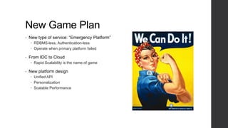New Game Plan
• New type of service: “Emergency Platform”
 RDBMS-less, Authentication-less
 Operate when primary platform failed
• From IDC to Cloud
 Rapid Scalability is the name of game
• New platform design
 Unified API
 Personalization
 Scalable Performance
 