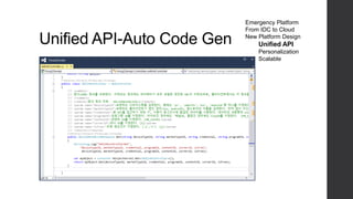Unified API-Auto Code Gen
Emergency Platform
From IDC to Cloud
New Platform Design
Unified API
Personalization
Scalable
 
