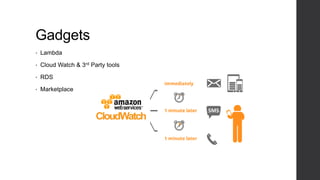 Gadgets
• Lambda
• Cloud Watch & 3rd Party tools
• RDS
• Marketplace
 