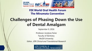 September 9, 2016
Professor Jocelyne Feine
Faculty of Dentistry
McGill University
Editor, JDR Clinical and Translational Research
Challenges of Phasing Down the Use
of Dental Amalgam
FDI World Oral Health Forum
The Minamata Convention
 