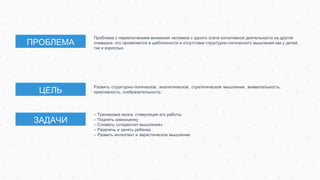 Проблема с переключением внимания человека с одного этапа когнитивной деятельности на другой
очевидна: это проявляется в шаблонности и отсутствии структурно-логического мышления как у детей,
так и взрослых.
Развить структурно-логическое, аналитическое, стратегическое мышление, внимательность,
креативность, сообразительность.
– Тренировка мозга, стимуляция его работы
– Поднять самооценку
– Сломать «стереотип мышления»
– Развлечь и занять ребенка
– Развить интеллект и эвристическое мышление
ПРОБЛЕМА
ЦЕЛЬ
ЗАДАЧИ
 