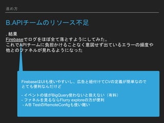 B.API`Υ꥽`
FirebaseUIʹ䤹ڸȼ~CVζxgʤΤ
ȤƤʤ
- ٥Ȥ΂BigQueryʹʤȒQʤϣ
- եͥҊʤFlurry exploreη
- A/B TestRemoteConfigʹy
. Y
FirebaseǥۤȫȤ褦ˤƤߤ
API`ؓ뤳ȤʤƤ륨`lȤ
ȤΥեͥ뤬Ҋ褦ˤʤä
᷽
 
