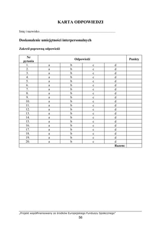 „Projekt współfinansowany ze środków Europejskiego Funduszu Społecznego”
56
KARTA ODPOWIEDZI
Imię i nazwisko..........................................................................................
Doskonalenie umiejętności interpersonalnych
Zakreśl poprawną odpowiedź
Nr
pytania
Odpowiedź Punkty
1. a b c d
2. a b c d
3. a b c d
4. a b c d
5. a b c d
6. a b c d
7. a b c d
8. a b c d
9. a b c d
10. a b c d
11. a b c d
12. a b c d
13. a b c d
14. a b c d
15. a b c d
16. a b c d
17. a b c d
18. a b c d
19. a b c d
20. a b c d
Razem:
 