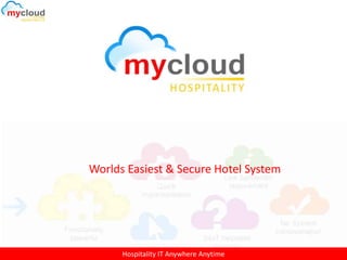 Hospitality I.T Anywhere AnytimeHospitality I.T Anywhere Anytime
Worlds Easiest & Secure Hotel System
Hospitality IT Anywhere Anytime
 