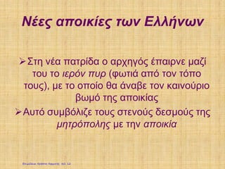 Νέες αποικίες των Ελλήνων
Στη νέα πατρίδα ο αρχηγός έπαιρνε μαζί
του το ιερόν πυρ (φωτιά από τον τόπο
τους), με το οποίο θα άναβε τον καινούριο
βωμό της αποικίας
Αυτό συμβόλιζε τους στενούς δεσμούς της
μητρόπολης με την αποικία
Επιμέλεια: Χρήστος Χαρμπής σελ. 12
 