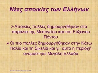 Νέες αποικίες των Ελλήνων
Αποικίες πολλές δημιουργήθηκαν στα
παράλια της Μεσογείου και του Εύξεινου
Πόντου
Οι πιο πολλές δημιουργήθηκαν στην Κάτω
Ιταλία και τη Σικελία και γι΄ αυτό η περιοχή
ονομάστηκε Μεγάλη Ελλάδα
Επιμέλεια: Χρήστος Χαρμπής σελ. 13
 