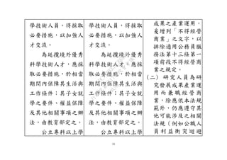 16
學技術人員，得採取
必要措施，以加強人
才交流。
為延攬境外優秀
科學技術人才，應採
取必要措施，於相當
期間內保障其生活與
工作條件；其子女就
學之要件、權益保障
及其他相關事項之辦
法，由教育部定之。
公立專科以上學
學技術人員，得採取
必要措施，以加強人
才交流。
為延攬境外優秀
科學技術人才，應採
取必要措施，於相當
期間內保障其生活與
工作條件；其子女就
學之要件、權益保障
及其他相關事項之辦
法，由教育部定之。
公立專科以上學
成果之產業運用，
爰增列「不得經營
商業」之文字，以
排除適用公務員服
務法第十三條第一
項前段不得經營商
業之規定。
(二) 研究人員為研
究發展成果產業運
用 而 兼 職 經 營 商
業，除應依本法規
範外，仍應遵守其
他可能涉及之相關
法規（例如公職人
員 利 益 衝 突 迴 避
行
政
院
行
政
院
第
3517次
院
會
會
議
5DC77F3332C86998
 