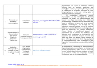 σημαντικότητα του νερού σε παγκόσμιο επίπεδο.
Παίζεται όπως τα παιχνίδια περιπέτειας και
περιλαμβάνει διαλόγους και γρίφους. Σκοπός του είναι
να εξασφαλιστεί ότι οι κάτοικοι του χωριού θα έχουν
πόσιμο νερό και για να γίνει αυτό ο παίκτης πρέπει να
παίρνει τις κατάλληλες αποφάσεις.
7.
Προστασία των
θαλάσσιων
οικοσυστημάτων
Διαδραστικά
παιχνίδια
http://www.jason.org/public/WhatIs/CurrORPGa
mes.aspx
Το συγκεκριμένο διαδραστικό παιχνίδι
δημιουργήθηκε με την υποστήριξη του National
Geographic με σκοπό την ευαισθητοποίηση των
παιδιών στο θέμα προστασίας των θαλάσσιων
οικοσυστημάτων. Το παιχνίδι δίνει τη δυνατότητα στα
παιδιά να ταξιδέψουν σε μερικά από τα πιο μοναδικά
θαλάσσια οικοσυστήματα του πλανήτη και να
συλλέξουν σημαντικά στοιχεία για τα πιο ευάλωτα
πλάσματα και φυτά του θαλάσσιου οικοσυστήματος.
8.
Ιστορικό ανάπτυξης
υδατικών πόρων
στην Κύπρο
Πληρότητα
φραγμάτων
Υδατικά έργα
Ιστοσελίδα
Στατιστικά στοιχεία
Φωτογραφικό υλικό
www.cyprus.gov.cy/moa/WDD/WDD.nsf
www.moa.gov.cy/wdd
Μέσω της Ιστοσελίδας του Τμήματος Αναπτύξεως
Υδάτων Κύπρου οι εκπαιδευτικοί μπορούν να
ενημερωθούν για το ιστορικό της ανάπτυξης των
υδατικών πόρων της Κύπρου, για την πληρότητα των
φραγμάτων για στατιστικά στοιχεία (συλλογή και
χρήση του νερού στην Κύπρο). Επίσης μπορούν να
βρουν εκδόσεις, φωτογραφικό υλικό, πληροφορίες για
τα μεγάλα υδατικά έργα, καθώς και συνδέσεις με την
Ευρωπαϊκή Ένωση και άλλες σχετικές σελίδες με θέμα
το νερό.
9.
Συμβούλιο
Υδατοπρομήθειας
Λεμεσού: Το νερό
και η εξοικονόμησή
του
Υλικό, θέματα,
πληροφορίες
Δραστηριότητες
Πειράματα
Επιτραπέζια
παιχνίδια
http://www.wbl.com.cy/greek/
Η Ιστοσελίδα του Συμβουλίου της Υδατοπρομήθειας
Λεμεσού περιλαμβάνει υλικό, θέματα και πληροφορίες
για τους εκπαιδευτικούς, καθώς και υλικό για μελέτη
για τους μαθητές, δραστηριότητες, πειράματα και υλικό
προς εκτύπωση καθώς και επιτραπέζια παιχνίδια
σχετικά με το νερό και την εξοικονόμησή του.
2 / ΟΔΗΓΟΣ ΕΚΠΑΙΔΕΥΤΙΚΟΥ ΠΕΡΙΒΑΛΛΟΝΤΙΚΗ ΕΚΠΑΙΔΕΥΣΗ ΚΑΙ ΕΚΠΑΙΔΕΥΣΗ ΓΙΑ ΤΗΝ ΑΕΙΦΟΡΟ ΑΝΑΠΤΥΞΗ / Επικουρικό εκπαιδευτικό υλικό Περιβαλλοντικής Εκπαίδευσης
Επιμέλεια: Χρήστος Χαρμπής σελ. 14
 