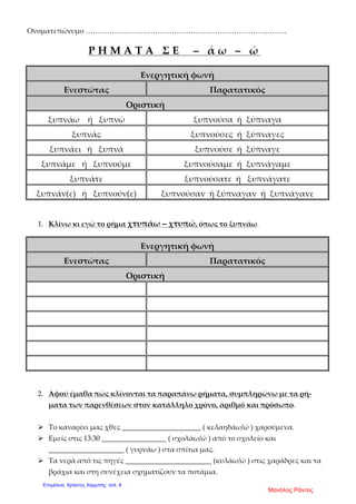 Ονοματεπώνυμο …………………………………………………………………………
Ρ Η Μ Α Τ Α Σ Ε – ά ω – ώ
Ενεργητική φωνή
Ενεστώτας Παρατατικός
Οριστική
ξυπνάω ή ξυπνώ ξυπνούσα ή ξύπναγα
ξυπνάς ξυπνούσες ή ξύπναγες
ξυπνάει ή ξυπνά ξυπνούσε ή ξύπναγε
ξυπνάμε ή ξυπνούμε ξυπνούσαμε ή ξυπνάγαμε
ξυπνάτε ξυπνούσατε ή ξυπνάγατε
ξυπνάν(ε) ή ξυπνούν(ε) ξυπνούσαν ή ξύπναγαν ή ξυπνάγανε
1. Κλίνω κι εγώ το ρήμα χτυπάω – χτυπώ, όπως το ξυπνάω.
Ενεργητική φωνή
Ενεστώτας Παρατατικός
Οριστική
2. Αφού έμαθα πώς κλίνονται τα παραπάνω ρήματα, συμπληρώνω με τα ρή-
ματα των παρενθέσεων στον κατάλληλο χρόνο, αριθμό και πρόσωπο.
Το καναρίνι μας χθες ______________________ ( κελαηδάω/ώ ) χαρούμενα.
Εμείς στις 13:30 __________________ ( σχολάω/ώ ) από το σχολείο και
_____________________ ( γυρνάω ) στα σπίτια μας.
Τα νερά από τις πηγές ________________________ (κυλάω/ώ ) στις χαράδρες και τα
βράχια και στη συνέχεια σχηματίζουν τα ποτάμια.
Μανόλης Ράντος
Επιμέλεια: Χρήστος Χαρμπής σελ. 8
 