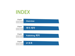 INDEX
1
Chapter
Overview
2
Chapter
투자 계약
3
Chapter
Publishing 계약
4
Chapter
IP 보호
 