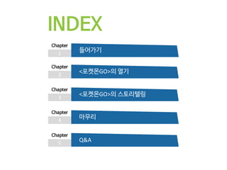 INDEX
1
Chapter
들어가기
2
Chapter
<포켓몬GO>의 열기
3
Chapter
<포켓몬GO>의 스토리텔링
4
Chapter
마무리
5
Chapter
Q&A
 