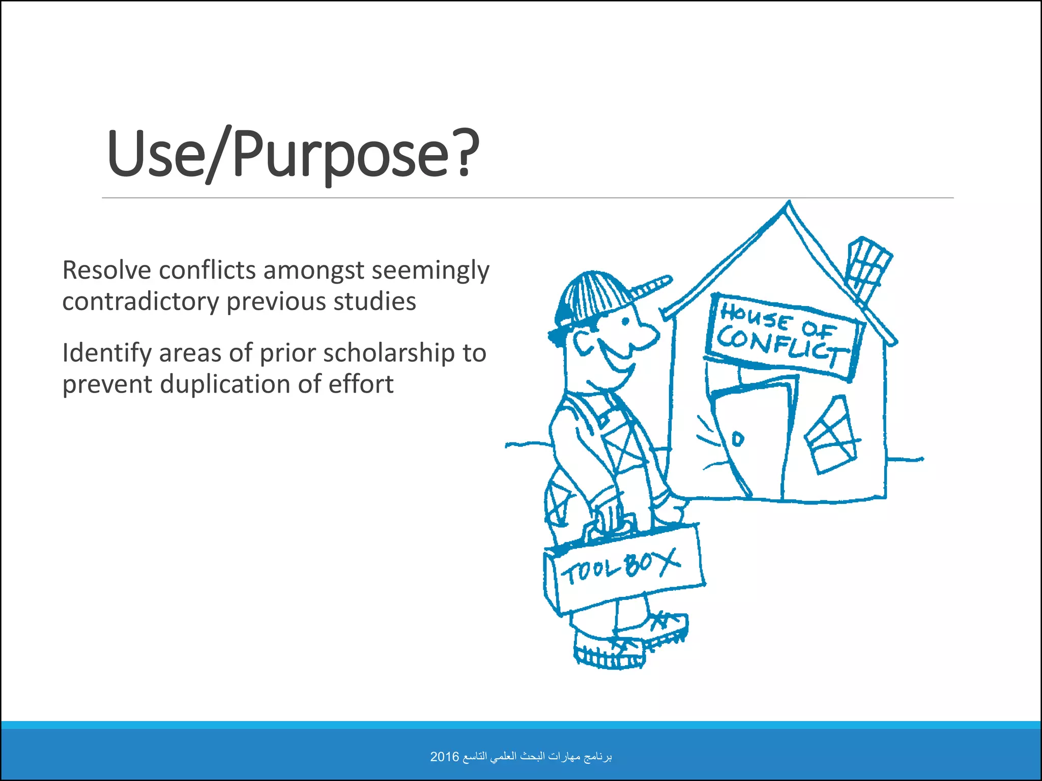 Use/Purpose?
Resolve conflicts amongst seemingly
contradictory previous studies
Identify areas of prior scholarship to
prevent duplication of effort
‫التاسع‬ ‫العلمي‬ ‫البحث‬ ‫مهارات‬ ‫برنامج‬2016
 