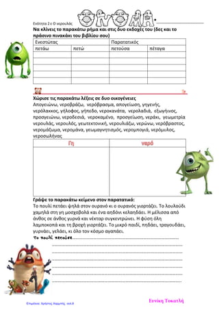 Ενότητα 2ε Ο νερουλάς
Να κλίνεις το παρακάτω ρήμα και στις δυο εκδοχές του (δες και το
πράσινο πινακάκι του βιβλίου σου)
Ενεστώτας Παρατατικός
πετάω πετώ πετούσα πέταγα
Χώρισε τις παρακάτω λέξεις σε δυο οικογένειες
Απογειώνω, νεροβράζω, νερόβρασμα, απογείωση, γηγενής,
νερόλακκος, γήλοφος, γήπεδο, νεροκανάτα, νερολαδιά, εξωγήινος,
προσγειώνω, νεροδεσιά, νεροκαμένο, προσγείωση, νεράκι, γεωμετρία
νερουλάς, νερουλός, γεωτεκτονική, νερουλιάζω, νερώνω, νερόβραστος,
νερομάζωμα, νερομάνα, γεωμαγνητισμός, νερομπογιά, νερόμυλος,
νεροσωλήνας
Γράψε το παρακάτω κείμενο στον παρατατικό:
Το πουλί πετάει ψηλά στον ουρανό κι ο ουρανός γιορτάζει. Το λουλούδι
χαμηλά στη γη μοσχοβολά και ένα αηδόνι κελαηδάει. Η μέλισσα από
άνθος σε άνθος γυρνά και νέκταρ συγκεντρώνει. Η φύση όλη
λαμποκοπά και τη βροχή γιορτάζει. Το μικρό παιδί, πηδάει, τραγουδάει,
γυρνάει, γελάει, κι όλο τον κόσμο αγαπάει.
Το πουλί πετούσε………………………………………………………………………………
………………………………………………………………………………………………………………
………………………………………………………………………………………………………………
………………………………………………………………………………………………………………
………………………………………………………………………………………………………………
………………………………………………………………………………………………………………
……………………………………………………………………………………………………………..
Ευνίκη ΤοκατλήΕπιμέλεια: Χρήστος Χαρμπής σελ.8
 