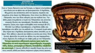 Ενώ οι Τρώες θρηνούν για τον Έκτορα, οι Αχαιοί επιστρέφουν
στα πλοία για να φάνε και να ξεκουραστούν. Ο Αχιλλέας,
θλιμμένος και κατάκοπος από τον αγώνα, πηγαίνει και
κοιμάται στην άκρη της θάλασσας. Στον ύπνο του βλέπει τον
Πάτροκλο, που του δίνει οδηγίες για την κηδεία του. Την
άλλη μέρα ετοιμάζεται η πυρά του Πάτροκλου και γίνονται
νεκρικές θυσίες και προσφορές· θυσιάζει και δώδεκα
νεαρούς Τρώες που είχαν συλληφθεί στον ποταμό (Φ 27).
Μεταξύ των άλλων προσφορών, ο Αχιλλέας κόβει και
προσφέρει στο φίλο του τα μαλλιά του. Η νεκρική πυρά καίει
όλη νύχτα και ο Αχιλλέας ακούραστος κάνει σπονδές ως το
πρωί. Τότε σβήνει η φωτιά και πέφτει κι αυτός για ύπνο. Όταν
ξυπνά, φροντίζει τα οστά του φίλου του και παραγγέλνει
στους Αχαιούς ότι επιθυμεί να ταφεί μαζί με τον Πάτροκλο.
Ύστερα οργανώνει αθλητικούς αγώνες προς τιμήν του
Πάτροκλου σε οκτώ αγωνίσματα: αρματοδρομία, πυγμαχία,
πάλη, δρόμο, μονομαχία με δόρατα, δισκοβολία, τοξοβολία
και ακοντισμό. Ο ήρωας αθλοθετεί ακριβά δώρα όχι μόνο για
τους νικητές αλλά για όσους παίρνουν μέρος στους αγώνες.
 
