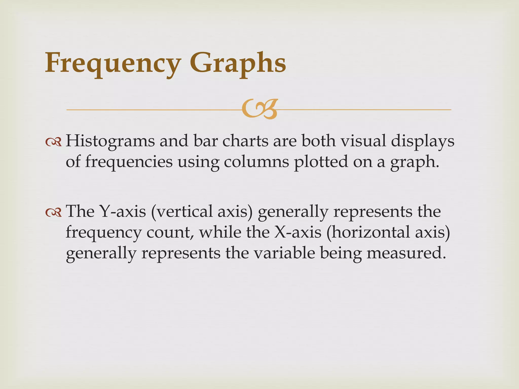 
Frequency Graphs
 Histograms and bar charts are both visual displays
of frequencies using columns plotted on a graph.
 The Y-axis (vertical axis) generally represents the
frequency count, while the X-axis (horizontal axis)
generally represents the variable being measured.
 