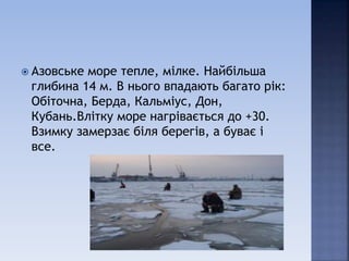  Азовське море тепле, мілке. Найбільша
глибина 14 м. В нього впадають багато рік:
Обіточна, Берда, Кальміус, Дон,
Кубань.Влітку море нагрівається до +30.
Взимку замерзає біля берегів, а буває і
все.
 