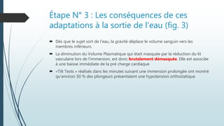 Étape N° 3 : Les conséquences de ces
adaptations à la sortie de l’eau (fig. 3)
 Dès que le sujet sort de l’eau, la gravité déplace le volume sanguin vers les
membres inférieurs.
 La diminution du Volume Plasmatique qui était masquée par la réduction du lit
vasculaire lors de l’immersion, est donc brutalement démasquée. Elle est associée
à une baisse immédiate de la pré charge cardiaque
 «Tilt Tests » réalisés dans les minutes suivant une immersion prolongée ont montré
qu’environ 50 % des plongeurs présentaient une hypotension orthostatique
 