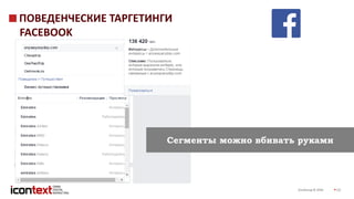 iConGroup © 2016 10
ПОВЕДЕНЧЕСКИЕ ТАРГЕТИНГИ
FACEBOOK
Сегменты можно вбивать руками
 