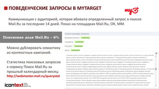 iConGroup © 2016 11
Можно дублировать семантику
из контекстных кампаний.
Статистика поисковых запросов
к сервису Поиск Mail.Ru за
прошлый календарный месяц:
http://webmaster.mail.ru/querystat
ПОВЕДЕНЧЕСКИЕ ЗАПРОСЫ В MYTARGET
Коммуникация с аудиторией, которая вбивала определенный запрос в поиске
Mail.Ru за последние 14 дней. Показ на площадках Mail.Ru, ОК, ММ.
Поисковая доля Mail.Ru – 6%
 