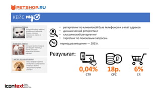 • ретаргетинг по клиентской базе телефонов и e-mail адресов
• динамический ретаргетинг
• классический ретаргетинг
• таргетинг по поисковым запросам
Результат:
0,04%
CTR CPC
18р. 6%
CR
период размещения — 2015г.
КЕЙС
 
