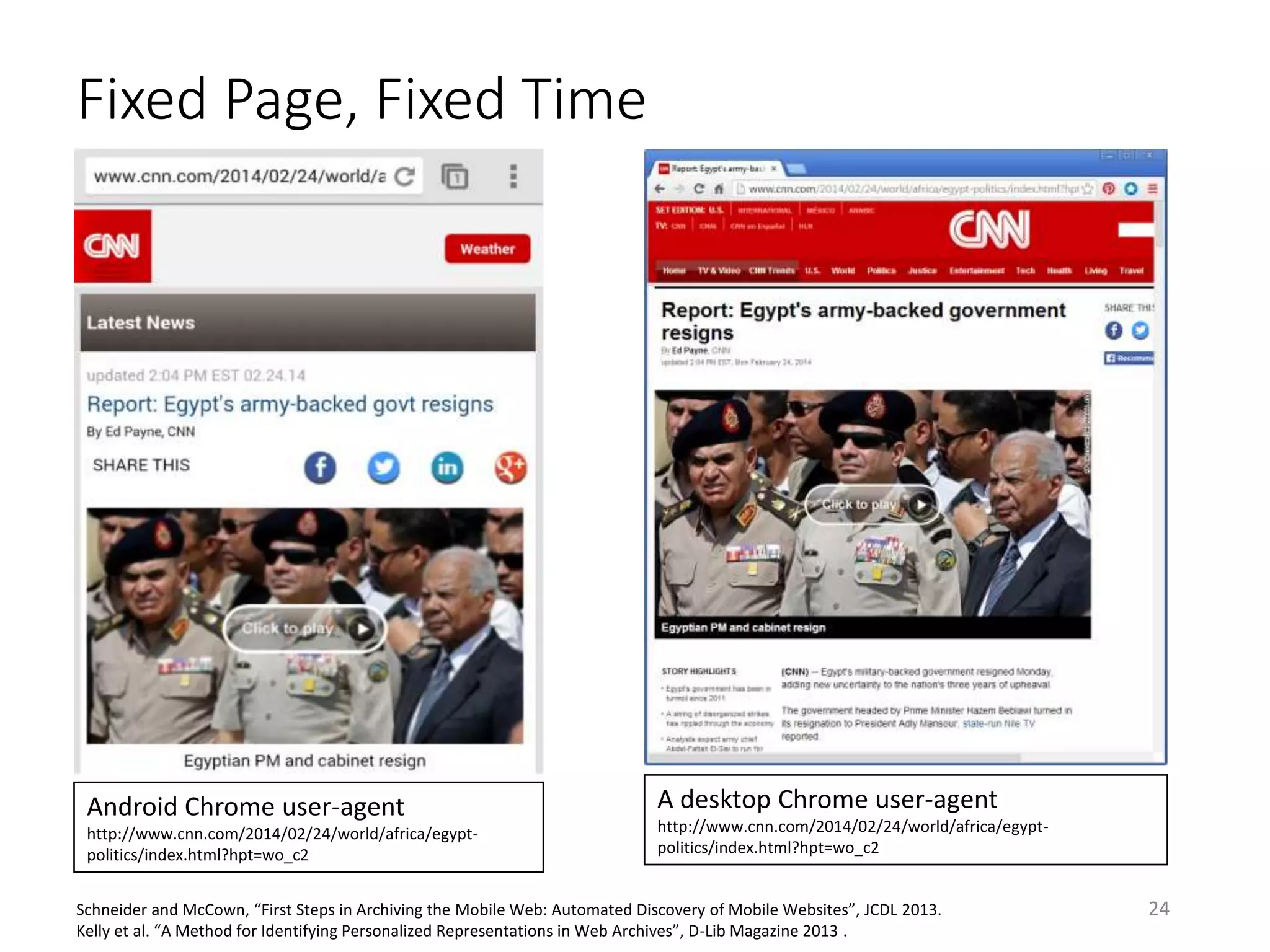 Fixed Page, Fixed Time
A desktop Chrome user-agent
http://www.cnn.com/2014/02/24/world/africa/egypt-
politics/index.html?hpt=wo_c2
Android Chrome user-agent
http://www.cnn.com/2014/02/24/world/africa/egypt-
politics/index.html?hpt=wo_c2
Schneider and McCown, “First Steps in Archiving the Mobile Web: Automated Discovery of Mobile Websites”, JCDL 2013.
Kelly et al. “A Method for Identifying Personalized Representations in Web Archives”, D-Lib Magazine 2013 .
24
 