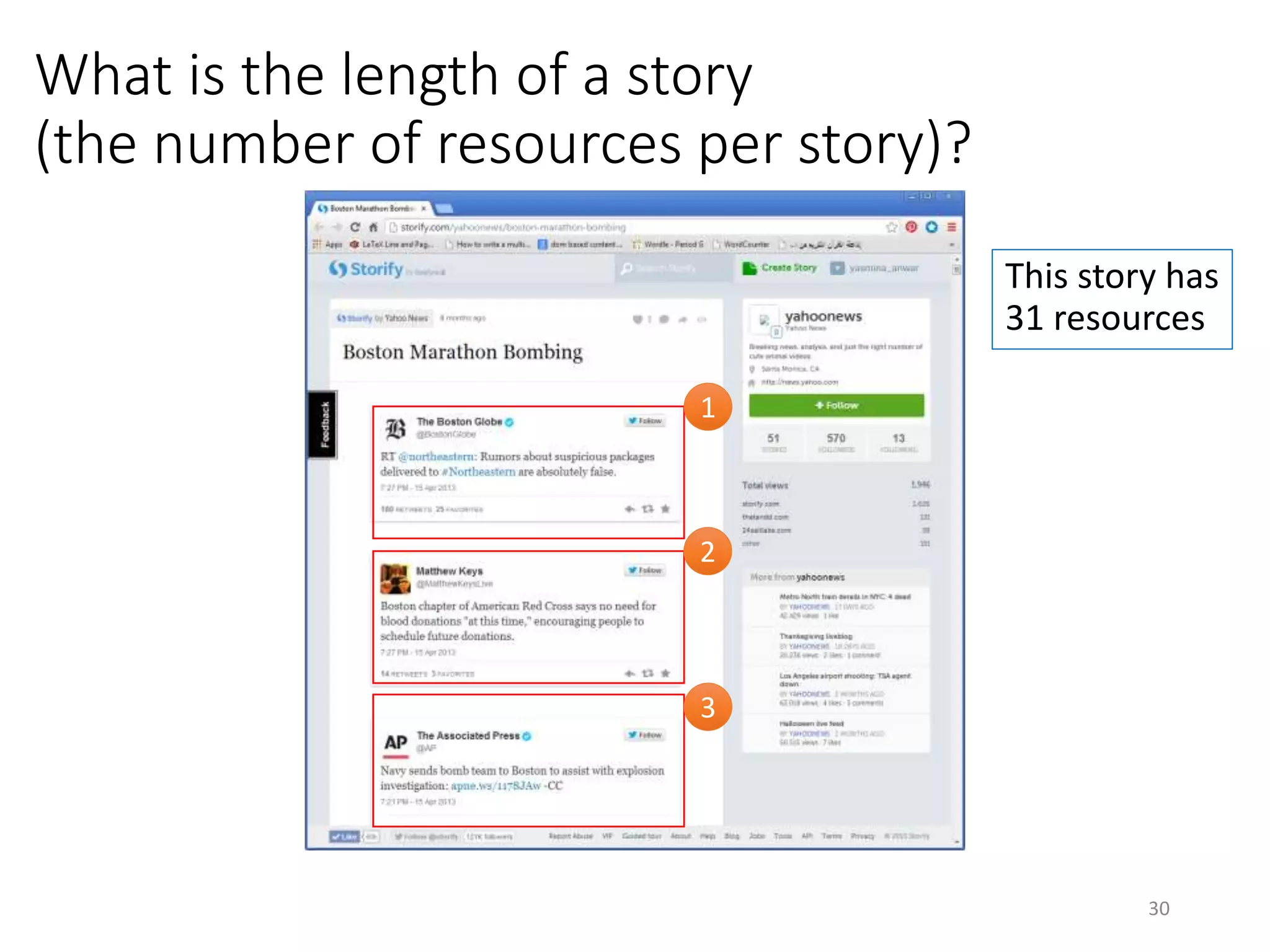 What is the length of a story
(the number of resources per story)?
This story has
31 resources
1
3
2
30
 