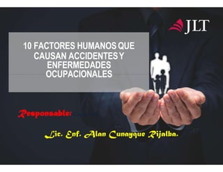 10 FACTORES HUMANOSQUE
CAUSAN ACCIDENTESY
ENFERMEDADES
OCUPACIONALES
20 Junio 2016
Lic. Enf. Alan Cunayque Rijalba.
 