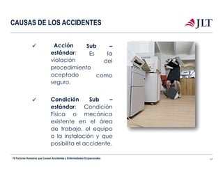 CAUSAS DE LOS ACCIDENTES
 Sub
Es
Acción
estándar:
violación
–
la
del
como
procedimiento
aceptado
seguro.
 Condición
estándar:
Física o
Sub –
Condición
mecánica
existente en el área
de trabajo, el equipo
o la instalación y que
posibilita el accidente.
10 Factores Humanos que Causan Accidentes y EnfermedadesOcupacionales 17
 