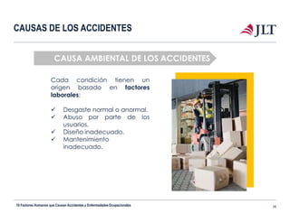 CAUSAS DE LOS ACCIDENTES
condición tienen unCada
origen basado en factores
laborales:
 Desgaste normal o anormal.
 Abuso por parte de los
usuarios.
 Diseño inadecuado.
 Mantenimiento
inadecuado.
CAUSA AMBIENTAL DE LOS ACCIDENTES
10 Factores Humanos que Causan Accidentes y EnfermedadesOcupacionales 26
 