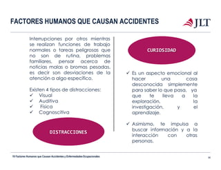 FACTORES HUMANOS QUE CAUSAN ACCIDENTES
 Es un aspecto emocional al
hacer una cosa
desconocida simplemente
para saber lo que pasa, ya
y
a la
la
el
que te lleva
exploración,
investigación,
aprendizaje.
 Asimismo,
buscar información y a
te impulsa a
la
con otrasinteracción
personas.
CURIOSIDAD
otros mientras
de trabajo
Interrupciones por
se realizan funciones
normales o tareas peligrosas que
no son de rutina, problemas
familiares, pensar acerca de
noticias malas o bromas pesadas,
es decir son desviaciones de la
atención a algo específico.
Existen 4 tipos de distracciones:
 Visual
 Auditiva
 Física
 Cognoscitiva
DISTRACCIONES
10 Factores Humanos que Causan Accidentes y EnfermedadesOcupacionales 36
 