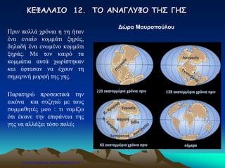 ΚΕΦΑΛΑΙΟ 12. ΤΟ ΑΝΑΓΛΥΦΟ ΤΗΣ ΓΗΣ
Πριν πολλά χρόνια η γη ήταν
ένα ενιαίο κομμάτι ξηράς,
δηλαδή ένα ενωμένο κομμάτι
ξηράς. Με τον καιρό τα
κομμάτια αυτά χωρίστηκαν
και έφτασαν να έχουν τη
σημερινή μορφή της γης.
Παρατηρώ προσεκτικά την
εικόνα και συζητώ με τους
συμμαθητές μου : τι νομίζω
ότι έκανε την επιφάνεια της
γης να αλλάξει τόσο πολύ;
Δώρα Μαυροπούλου
Επιμέλεια επανάληψης: Χρήστος Χαρμπής σελ.119
 