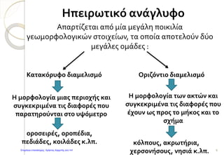 Ηπειρωτικό ανάγλυφο
κόλπους, ακρωτήρια,
χερσονήσους, νησιά κ.λπ. 9
Απαρτίζεται από μία μεγάλη ποικιλία
γεωμορφολογικών στοιχείων, τα οποία αποτελούν δύο
μεγάλες ομάδες :
Κατακόρυφο διαμελισμό
Η μορφολογία μιας περιοχής και
συγκεκριμένα τις διαφορές που
παρατηρούνται στο υψόμετρο
οροσειρές, οροπέδια,
πεδιάδες, κοιλάδες κ.λπ.
Οριζόντιο διαμελισμό
Η μορφολογία των ακτών και
συγκεκριμένα τις διαφορές που
έχουν ως προς το μήκος και το
σχήμα
Επιμέλεια επανάληψης: Χρήστος Χαρμπής σελ.141
 