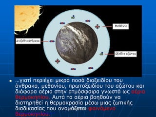  …γιατί περιέχει μικρά ποσά διοξειδίου του
άνθρακα, μεθανίου, πρωτοξειδίου του αζώτου και
διάφορα αέρια στην ατμόσφαιρα γνωστά ως αέρια
θερμοκηπίου. Αυτά τα αέρια βοηθούν να
διατηρηθεί η θερμοκρασία μέσω μιας ζωτικής
διαδικασίας που ονομάζεται φαινόμενο
θερμοκηπίου.
Mr_Sandman67
Επιμέλεια επανάληψης: Χρήστος Χαρμπής σελ.177
 