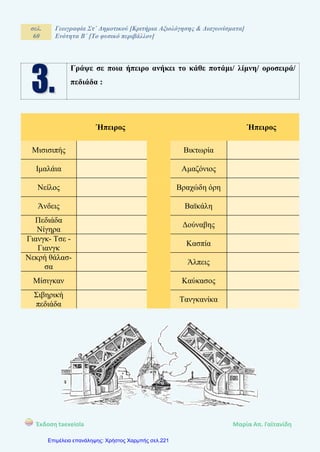 σελ.
60
Γεωγραφία Στ΄ Δημοτικού [Κριτήρια Αξιολόγησης & Διαγωνίσματα]
Ενότητα Β΄ [Το φυσικό περιβάλλον]
Έκδοση taexeiola Mαρία Απ. Γαϊτανίδη
Γράψε σε ποια ήπειρο ανήκει το κάθε ποτάμι/ λίμνη/ οροσειρά/
πεδιάδα :
Ήπειρος Ήπειρος
Μισισιπής Βικτωρία
Ιμαλάια Αμαζόνιος
Νείλος Βραχώδη όρη
Άνδεις Βαϊκάλη
Πεδιάδα
Νίγηρα
Δούναβης
Γιανγκ- Τσε -
Γιανγκ
Κασπία
Νεκρή θάλασ-
σα
Άλπεις
Μίσιγκαν Καύκασος
Σιβηρική
πεδιάδα
Τανγκανίκα
Επιμέλεια επανάληψης: Χρήστος Χαρμπής σελ.221
 