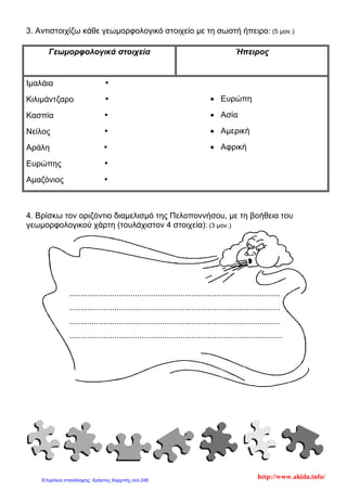 3. Αντιστοιχίζω κάθε γεωμορφολογικό στοιχείο με τη σωστή ήπειρο: (5 μον.)
Γεωμορφολογικά στοιχεία Ήπειρος
Ιμαλάια •
Κιλιμάντζαρο • • Ευρώπη
Κασπία • • Ασία
Νείλος • • Αμερική
Αράλη • • Αφρική
Ευρώπης •
Αμαζόνιος •
4. Βρίσκω τον οριζόντιο διαμελισμό της Πελοποννήσου, με τη βοήθεια του
γεωμορφολογικού χάρτη (τουλάχιστον 4 στοιχεία): (3 μον.)
.............................................................................................
.............................................................................................
.............................................................................................
..............................................................................................
http://www.akida.info/Επιμέλεια επανάληψης: Χρήστος Χαρμπής σελ.248
 