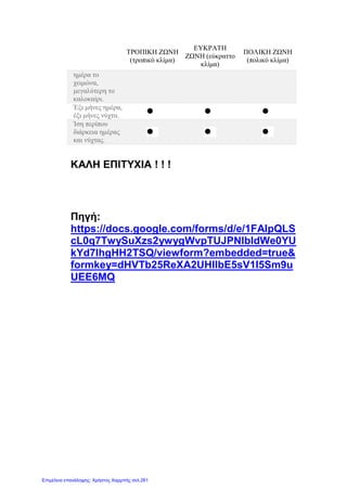 ΤΡΟΠΙΚΗ ΖΩΝΗ
(τροπικό κλίμα)
ΕΥΚΡΑΤΗ
ΖΩΝΗ (εύκραττο
κλίμα)
ΠΟΛΙΚΗ ΖΩΝΗ
(πολικό κλίμα)
ημέρα το
χειμώνα,
μεγαλύτερη το
καλοκαίρι.
Έξι μήνες ημέρα,
έξι μήνες νύχτα.
Ίση περίπου
διάρκεια ημέρας
και νύχτας.
ΚΑΛΗ ΕΠΙΤΥΧΙΑ ! ! !
Πηγή:
https://docs.google.com/forms/d/e/1FAIpQLS
cL0q7TwySuXzs2ywygWvpTUJPNIbIdWe0YU
kYd7lhgHH2TSQ/viewform?embedded=true&
formkey=dHVTb25ReXA2UHllbE5sV1I5Sm9u
UEE6MQ
Επιμέλεια επανάληψης: Χρήστος Χαρμπής σελ.261
 