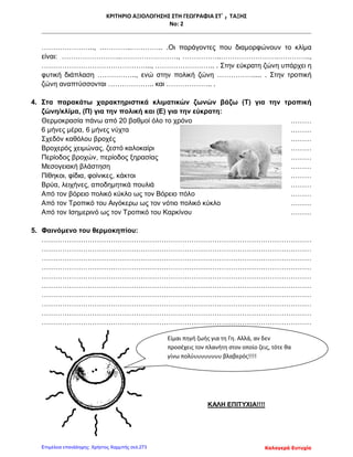 ΚΡΙΤΗΡΙΟ ΑΞΙΟΛΟΓΗΣΗΣ ΣΤΗ ΓΕΩΓΡΑΦΙΑ ΣΤ΄ 2 ΤΑΞΗΣ
Νο: 2
………………….., …………..………….. .Οι παράγοντες που διαμορφώνουν το κλίμα
είναι: ……………………..……………………., ……………..…………………….…………..,
………………………………………..., …………………….. . Στην εύκρατη ζώνη υπάρχει η
φυτική διάπλαση …………….., ενώ στην πολική ζώνη ……………..... . Στην τροπική
ζώνη αναπτύσσονται ……………….. και ……………….. .
4. Στα παρακάτω χαρακτηριστικά κλιματικών ζωνών βάζω (Τ) για την τροπική
ζώνη/κλίμα, (Π) για την πολική και (Ε) για την εύκρατη:
Θερμοκρασία πάνω από 20 βαθμοί όλο το χρόνο ………
6 μήνες μέρα, 6 μήνες νύχτα ………
Σχεδόν καθόλου βροχές ………
Βροχερός χειμώνας, ζεστό καλοκαίρι ………
Περίοδος βροχών, περίοδος ξηρασίας ………
Μεσογειακή βλάστηση ………
Πίθηκοι, φίδια, φοίνικες, κάκτοι ………
Βρύα, λειχήνες, αποδημητικά πουλιά ………
Από τον βόρειο πολικό κύκλο ως τον Βόρειο πόλο ………
Από τον Τροπικό του Αιγόκερω ως τον νότιο πολικό κύκλο ………
Από τον Ισημερινό ως τον Τροπικό του Καρκίνου ………
5. Φαινόμενο του θερμοκηπίου:
………………………………………………………………………………………………………
………………………………………………………………………………………………………
………………………………………………………………………………………………………
………………………………………………………………………………………………………
………………………………………………………………………………………………………
………………………………………………………………………………………………………
………………………………………………………………………………………………………
………………………………………………………………………………………………………
………………………………………………………………………………………………………
………………………………………………………………………………………………………
ΚΑΛΗ ΕΠΙΤΥΧΙΑ!!!!
Είμαι πηγή ζωής για τη Γη. Αλλά, αν δεν
προσέχεις τον πλανήτη στον οποίο ζεις, τότε θα
γίνω πολύυυυυυυυυ βλαβερός!!!!
Καλογερά ΕυτυχίαΕπιμέλεια επανάληψης: Χρήστος Χαρμπής σελ.273
 