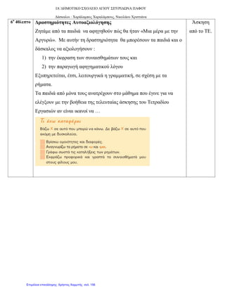 ΙΑ΄ΔΗΜΟΤΙΚΟ ΣΧΟΛΕΙΟ ΑΓΙΟΥ ΣΠΥΡΙΔΩΝΑ ΠΑΦΟΥ
Δάσκαλοι : Χαράλαμπος Χαραλάμπους, Νικολάου Χριστιάνα
6ο
40λεπτο Δραστηριότητες Αυτοαξιολόγησης
Ζητάμε από τα παιδιά να αφηγηθούν πώς θα ήταν «Μια μέρα με την
Αργυρώ». Με αυτήν τη δραστηριότητα θα μπορέσουν τα παιδιά και ο
δάσκαλος να αξιολογήσουν :
1) την έκφραση των συναισθημάτων τους και
2) την παραγωγή αφηγηματικού λόγου
Εξυπηρετείται, έτσι, λειτουργικά η γραμματική, σε σχέση με τα
ρήματα.
Τα παιδιά από μόνα τους ανατρέχουν στο μάθημα που έγινε για να
ελέγξουν με την βοήθεια της τελευταίας άσκησης του Τετραδίου
Εργασιών αν είναι ικανοί να …
Άσκηση
από το ΤΕ.
Επιμέλεια επανάληψης: Χρήστος Χαρμπής σελ. 156
 