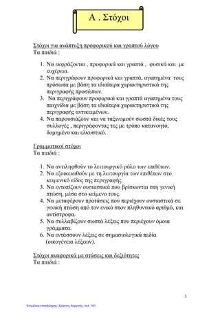 Στόχοι για ανάπτυξη προφορικού και γραπτού λόγου
Τα παιδιά :
1. Να εκφράζονται , προφορικά και γραπτά , φυσικά και με
ευχέρεια.
2. Να περιγράφουν προφορικά και γραπτά, αγαπημένα τους
πρόσωπα με βάση τα ιδιαίτερα χαρακτηριστικά της
περιγραφής προσώπων.
3. Να περιγράφουν προφορικά και γραπτά αγαπημένα τους
παιχνίδια με βάση τα ιδιαίτερα χαρακτηριστικά της
περιγραφής αντικειμένων.
4. Να παρουσιάζουν και να ταξινομούν σωστά δικές τους
συλλογές , περιγράφοντας τες με τρόπο κατανοητό,
δομημένο και ελκυστικό.
Γραμματικοί στόχοι
Τα παιδιά :
1. Nα αντιληφθούν το λειτουργικό ρόλο των επιθέτων.
2. Nα εξοικειωθούν με τη λειτουργία των επιθέτων στο
κειμενικό είδος της περιγραφής.
3. Nα εντοπίζουν ουσιαστικά που βρίσκονται στη γενική
πτώση, μέσα στο κείμενο τους.
4. Να μεταφέρουν προτάσεις που περιέχουν ουσιαστικά σε
γενική πτώση από τον ενικό στον πληθυντικό αριθμό, και
αντίστροφα.
5. Να συλλαβίζουν σωστά λέξεις που περιέχουν όμοια
γράμματα.
6. Να εντάσσουν λέξεις σε σημασιολογικά πεδία
(οικογένεια λέξεων).
Στόχοι αναφορικά με στάσεις και δεξιότητες
Τα παιδιά :
Α . Στόχοι
3
Επιμέλεια επανάληψης: Χρήστος Χαρμπής σελ. 161
 