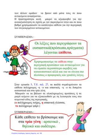 των άλλων ομάδων να βρουν από μόνα τους σε ποιο
αντικείμενο αναφέρονται .
Η δραστηριότητα αυτή μπορεί να αξιοποιηθεί για την
αυτοαξιολόγηση σε σχέση με τον παραγόμενο λόγο και σε ποιο
βαθμό χρησιμοποιούν τα κατάλληλα επίθετα για την περιγραφή
των συγκεκριμένων αντικειμένων.
ΣΥΜΠΕΡΑΣΜΑ :
Στην εργασία 5, Τ.Ε. σελ. 27, τα παιδιά συμπληρώνουν τα
επίθετα πολύχρωμος -η –ο και ισπανικός –η –ο σε δοσμένα
ουσιαστικά και στα τρία γένη.
Μπορούν να τα βάλουν σε ολοκληρωμένες προτάσεις ή σε
μικρό κείμενο για να εξοικειωθούν με τη λειτουργία τους στο
κειμενικό είδος της περιγραφής.
(ο πολύχρωμος τοίχος, η ισπανική γλώσσα,
το πολύχρωμο ψάρι )
ΣΥΜΠΕΡΑΣΜΑ :
Οι λέξεις που περιγράφουν τα
ουσιαστικά(πρόσωπα,πράγματα)
λέγονται επίθετα.
Κάθε επίθετο το βρίσκουμε και
στα τρία γένη : αρσενικό ,
θηλυκό και ουδέτερο.
Χρησιμοποιούμε τα επίθετα στην
περιγραφή προσώπων και αντικειμένων για
να είμαστε περισσότερο ακριβείς και
κατατοπιστικοί αλλά και για να γίνεται πιο
πλούσιος ο προφορικός και γραπτός λόγος.
10
Επιμέλεια επανάληψης: Χρήστος Χαρμπής σελ. 168
 