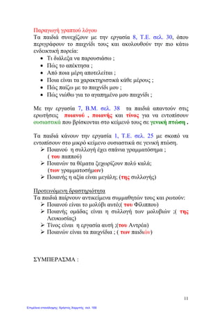 Παραγωγή γραπτού λόγου
Τα παιδιά συνεχίζουν με την εργασία 8, Τ.Ε. σελ. 30, όπου
περιγράφουν το παιχνίδι τους και ακολουθούν την πιο κάτω
ενδεικτική πορεία:
• Τι διάλεξα να παρουσιάσω ;
• Πώς το απέκτησα ;
• Από ποια μέρη αποτελείται ;
• Ποια είναι τα χαρακτηριστικά κάθε μέρους ;
• Πώς παίζω με το παιχνίδι μου ;
• Πώς νιώθω για το αγαπημένο μου παιχνίδι ;
Με την εργασία 7, Β.Μ. σελ. 38 τα παιδιά απαντούν στις
ερωτήσεις ποιανού , ποιανής και τίνος για να εντοπίσουν
ουσιαστικά που βρίσκονται στο κείμενό τους σε γενική πτώση .
Τα παιδιά κάνουν την εργασία 1, Τ.Ε. σελ. 25 με σκοπό να
εντοπίσουν στο μικρό κείμενο ουσιαστικά σε γενική πτώση.
 Ποιανού η συλλογή έχει σπάνια γραμματόσημα ;
( του παππού)
 Ποιανών τα θέματα ξεχωρίζουν πολύ καλά;
(των γραμματοσήμων)
 Ποιανής η αξία είναι μεγάλη; (της συλλογής)
Προτεινόμενη δραστηριότητα
Tα παιδιά παίρνουν αντικείμενα συμμαθητών τους και ρωτούν:
 Ποιανού είναι το μολύβι αυτό;( του Φίλιππου)
 Ποιανής ομάδας είναι η συλλογή των μολυβιών ;( της
Λευκωσίας)
 Τίνος είναι η εργασία αυτή ;(του Αντρέα)
 Ποιανών είναι τα παιχνίδια ; ( των παιδιών)
ΣΥΜΠΕΡΑΣΜΑ :
11
Επιμέλεια επανάληψης: Χρήστος Χαρμπής σελ. 169
 