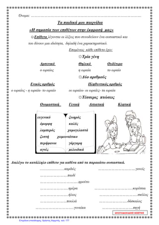 Όνομα: ……………………………………………………………………………………….
Τα παιδικά μου παιχνίδια
«Η σημασία των επιθέτων στην έκφρασή μας»
☺Επίθετα λέγονται οι λέξεις που συνοδεύουν ένα ουσιαστικό και
του δίνουν μια ιδιότητα, δηλαδή ένα χαρακτηριστικό.
Επομένως κάθε επίθετο έχει:
☼Τρία γένη
Αρσενικό Θηλυκό Ουδέτερο
ο ωραίος η ωραία το ωραίο
☼Δύο αριθμούς
Ενικός αριθμός Πληθυντικός αριθμός
ο ωραίος - η ωραία- το ωραίο οι ωραίοι- οι ωραίες- τα ωραία
☼Τέσσερις πτώσεις
Ονομαστική Γενική Αιτιατική Κλητική
ευγενικό ζωηρός
όμορφη καλός
λαμπερός χαμογελαστά
ζεστή χειμωνιάτικο
περήφανοι γάργαρη
αγνές μελωδικά
Διαλέγω το κατάλληλο επίθετο για καθένα από τα παρακάτω ουσιαστικά.
..........................καρδιές …………………………….γονείς
…………………….παιδί
……………………………..φρούτο
……………………..ημέρα ……………………………..κορίτσια
……………………..ήλιος ……………………………..σκύλος
……………………πουλιά ……………………..δάσκαλος
……………………………..γυναίκα ……………………….πηγή
ΧΡΙΣΤΟΦΟΡΑΚΗΣ ΚΩΣΤΗΣ
Επιμέλεια επανάληψης: Χρήστος Χαρμπής σελ. 177
 