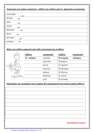 Σκέφτομαι και γράφω ταιριαστά επίθετα για καθένα από τα παρακάτω ουσιαστικά.
λουλούδια
δέντρα
ζώα
αέρας
θάλασσα
ήλιος
σύννεφα
αστέρια
Βάζω ένα επίθετο μπροστά από κάθε ουσιαστικό και αντίθετα
Περιγράφω τον αγαπημένο μου ολύμπιο θεό χρησιμοποιώντας πολλά ωραία επίθετα!
ΧΡΙΣΤΟΦΟΡΑΚΗΣ ΚΩΣΤΗΣ
επίθετο ουσιαστικό επίθετο ουσιαστικό
Το καθαρό τετράδιο Ο σταχτής γάιδαρος
τραγούδι Η μακριά
φωνή Το φρέσκο
ουρανός Ο ζηλιάρης
δρόμος Ο έξυπνος
δασκάλα Το πλατύ
ζωή Η γελαστή
Επιμέλεια επανάληψης: Χρήστος Χαρμπής σελ. 178
 