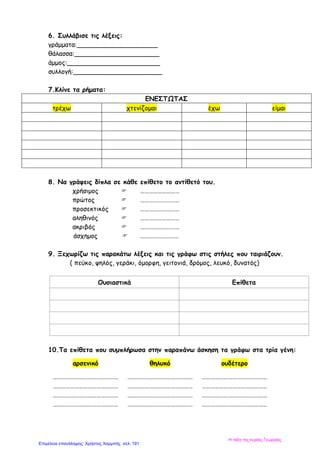 6. Συλλάβισε τις λέξεις:
γράμματα:____________________
θάλασσα:_____________________
άμμος:_______________________
συλλογή:______________________
7.Κλίνε τα ρήματα:
ΕΝΕΣΤΩΤΑΣ
τρέχω χτενίζομαι έχω είμαι
8. Να γράψεις δίπλα σε κάθε επίθετο το αντίθετό του.
χρήσιμος  ………………………
πρώτος  ………………………
προσεκτικός  ………………………
αληθινός  ………………………
ακριβός  ………………………
άσχημος  ………………………
9. Ξεχωρίζω τις παρακάτω λέξεις και τις γράφω στις στήλες που ταιριάζουν.
( πεύκο, ψηλός, γεράκι, όμορφη, γειτονιά, δρόμος, λευκό, δυνατός)
Ουσιαστικά Επίθετα
10.Τα επίθετα που συμπλήρωσα στην παραπάνω άσκηση τα γράφω στα τρία γένη:
αρσενικό θηλυκό ουδέτερο
………………………………………
……………
………………………………………
……………
………………………………………
……………
………………………………………
……………
………………………………………
……………
………………………………………
……………
………………………………………
……………
………………………………………
……………
………………………………………
……………
………………………………………
……………
………………………………………
……………
………………………………………
……………
Η τάξη της κυρίας Γεωργίας
Επιμέλεια επανάληψης: Χρήστος Χαρμπής σελ. 191
 