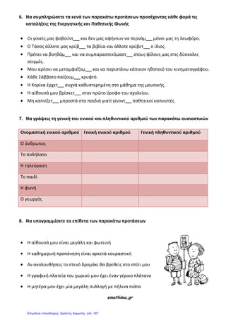 6. Να ςυμπληρϊςετε τα κενά των παρακάτω προτάςεων προςέχοντασ κάθε φορά τισ
καταλήξεισ τησ Ενεργητικήσ και Παθητικήσ Φωνήσ
Οι γονείσ μασ φοβοφντ__ και δεν μασ αφινουν να περνάμ__ μόνοι μασ τθ λεωφόρο.
Ο Τάςοσ άλλοτε μασ κρφβ__ τα βιβλία και άλλοτε κρφβετ__ ο ίδιοσ.
Πρζπει να βοθκάμ__ και να ςυμπαραςτεκόμαςτ__ ςτουσ φίλουσ μασ ςτισ δφςκολεσ
ςτιγμζσ.
Μου αρζςει να μεταμφιζηομ__ και να παριςτάνω κάποιον θκοποιό του κινθματογράφου.
Κάκε Σάββατο παίηουμ__ κρυφτό.
Η Κορίνα ζρχετ__ ςυχνά κακυςτερθμζνθ ςτο μάκθμα τθσ μουςικισ.
Η αίκουςά μου βρίςκετ__ ςτον πρώτο όροφο του ςχολείου.
Μθ καπνίηετ__ μπροςτά ςτα παιδιά γιατί γίνοντ__ πακθτικοί καπνιςτζσ.
7. Να γράψεισ τη γενική του ενικοφ και πληθυντικοφ αριθμοφ των παρακάτω ουςιαςτικϊν
8. Να υπογραμμίςετε τα επίθετα των παρακάτω προτάςεων
Η αίκουςά μου είναι μεγάλθ και φωτεινι
Η κακθμερινι προπόνθςθ είναι αρκετά κουραςτικι
Αν ακολουκιςεισ το ςτενό δρομάκι κα βρεκείσ ςτο ςπίτι μου
Η γραφικι πλατεία του χωριοφ μου ζχει ζναν γζρικο πλάτανο
Η μθτζρα μου ζχει μία μεγάλθ ςυλλογι με πιλινα πιάτα
emathima.gr
Ονομαςτική ενικοφ αριθμοφ Γενική ενικοφ αριθμοφ Γενική πληθυντικοφ αριθμοφ
Ο άνκρωποσ
Το ποδιλατο
Η τθλεόραςθ
Το παιδί
Η φωνι
Ο γεωργόσ
Επιμέλεια επανάληψης: Χρήστος Χαρμπής σελ. 197
 